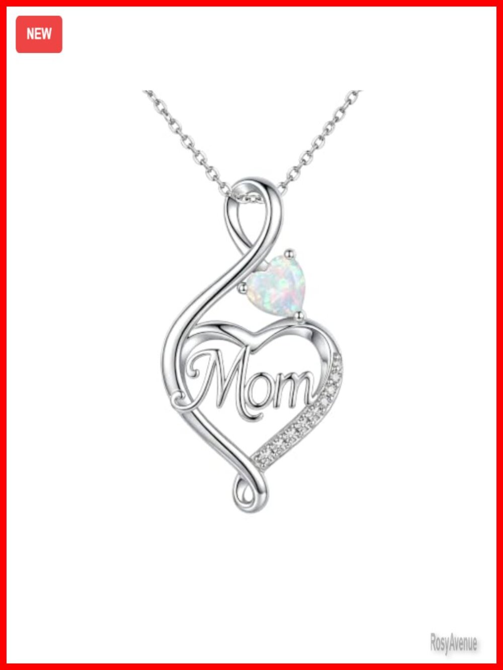 14K White Gold Plated Opal Moissanite Infinity Heart Mom Pendant Necklace
